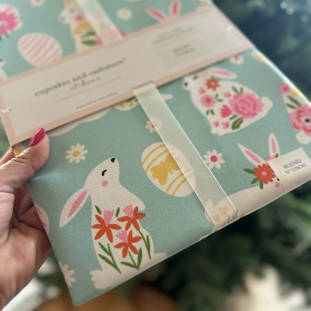 Cupcakes & Cashmere table cover cloth bunny Easter egg blue teal round
